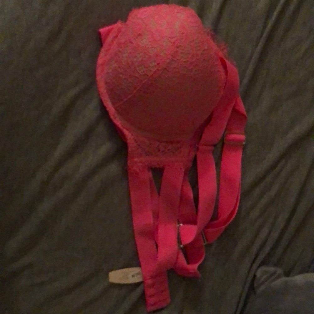 Hot pink and tan lace bra, Victoria’s Secret
